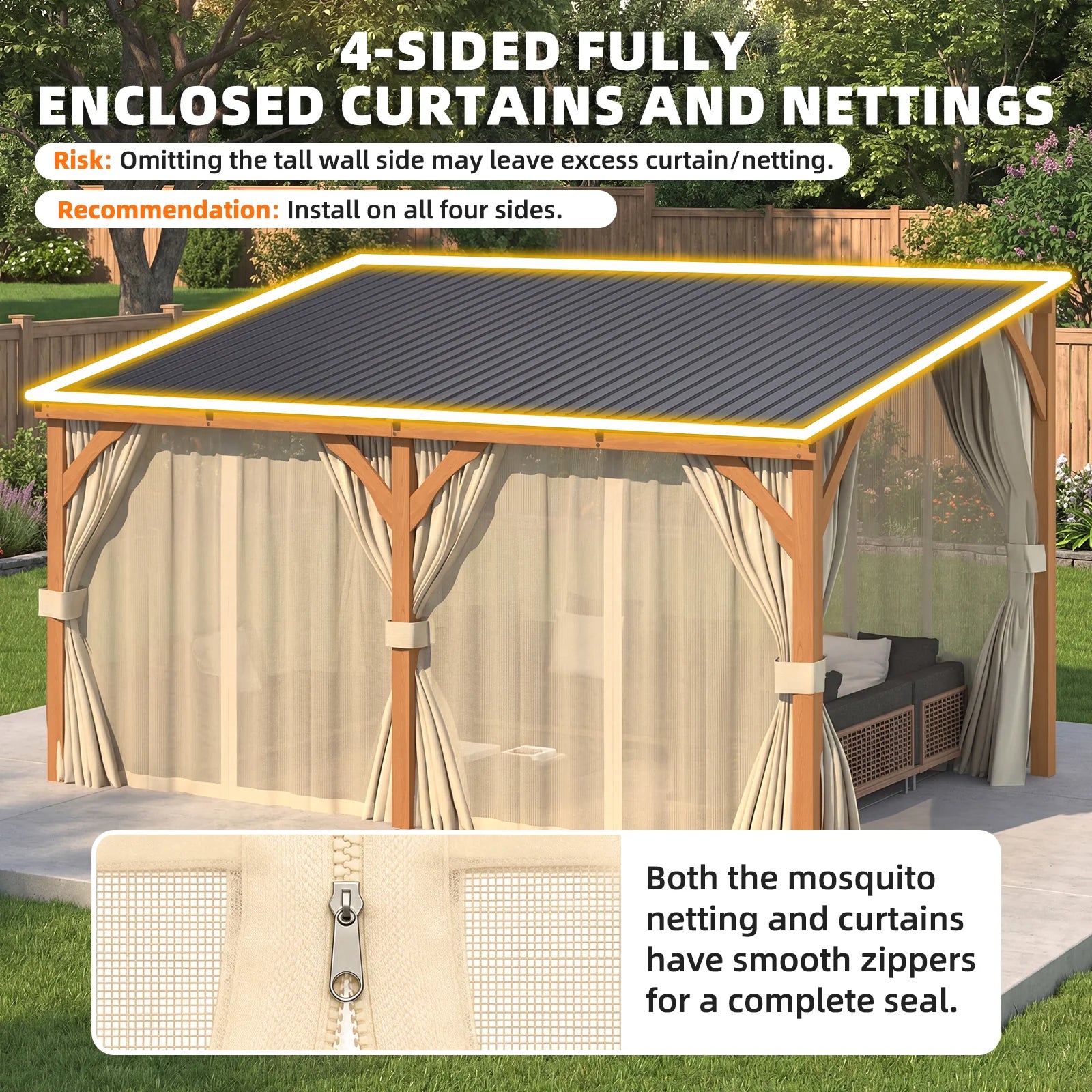 AECOJOY 10x10 Outdoor Wooden Pergola Gazebo with Curtains and Netting for Patio