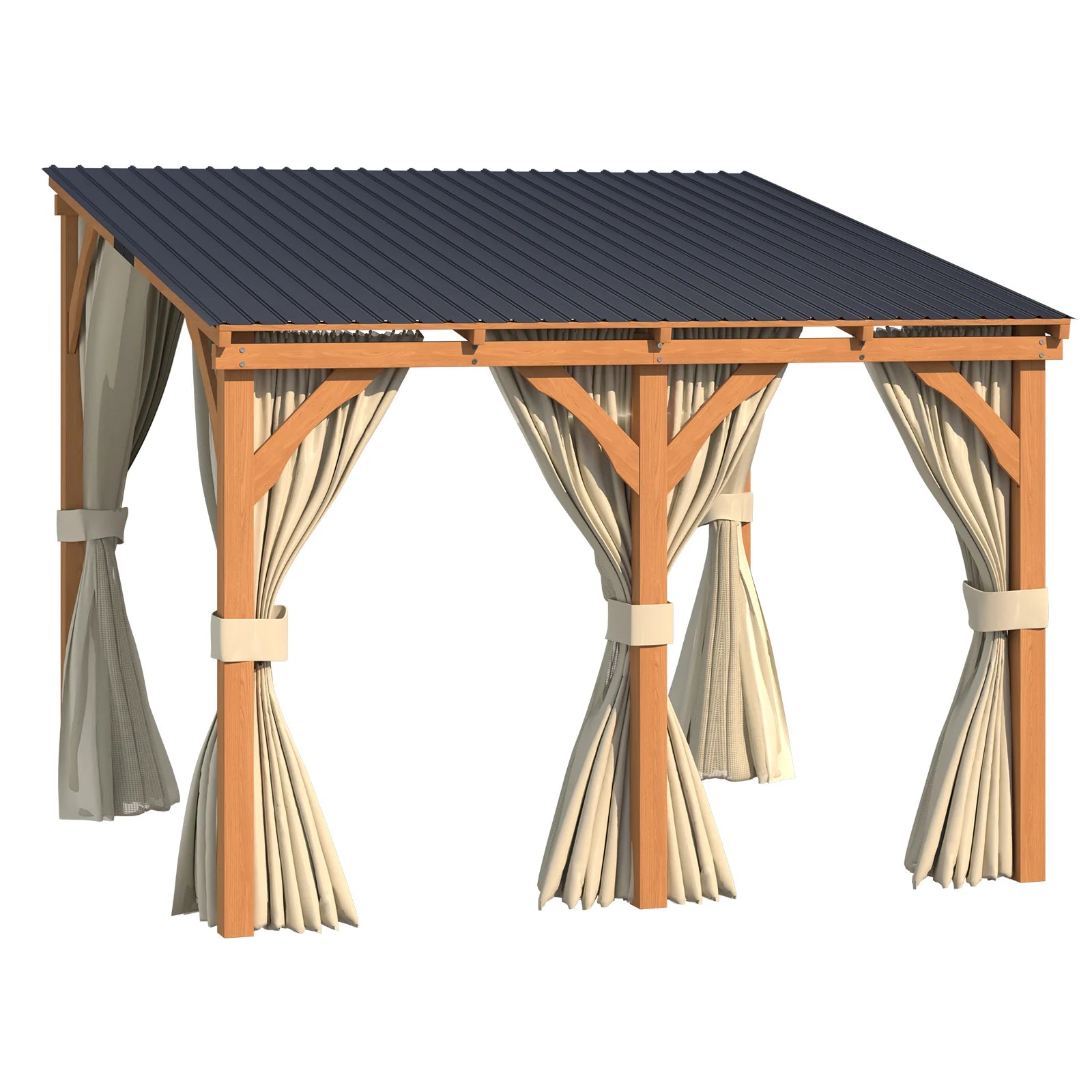 AECOJOY 10x10 Outdoor Wooden Pergola Gazebo with Curtains and Netting for Patio