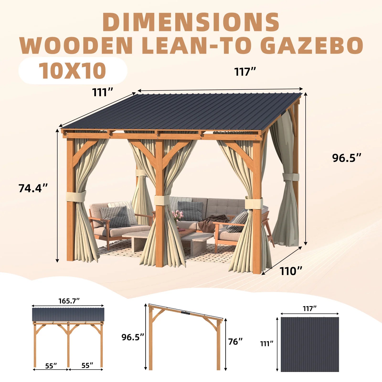AECOJOY 10x10 Outdoor Wooden Pergola Gazebo with Curtains and Netting for Patio