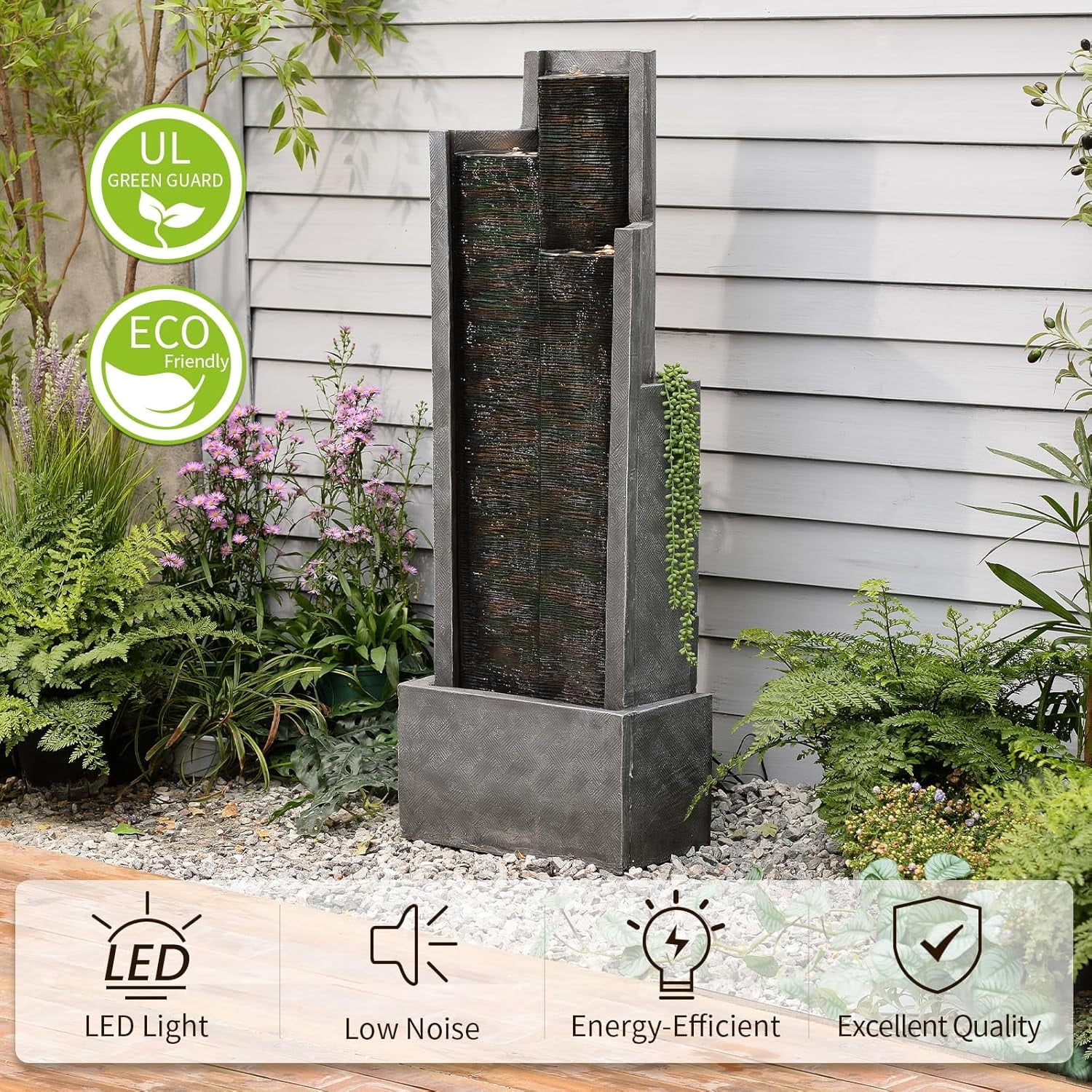 Outdoor Modern Waterfall Fountain Water Fall Fountains with LED Lights for Garden, Patio, Backyard, Deck, Porch and Home Decor